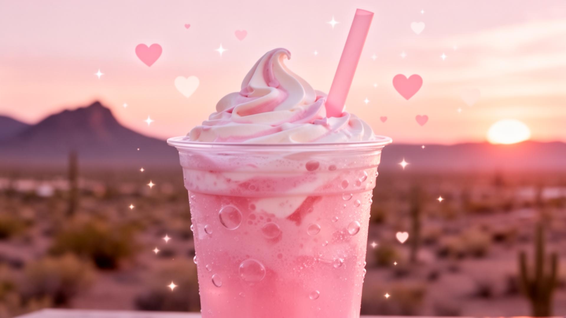 Pink dirty soda with cream and hearts in a Tucson desert sunset